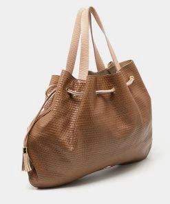 Emporio Armani Brown/Peach Embossed Leather Drawstring Tassel Shoulder Bag For Women -Emporio Armani sale luxury women emporio armani used handbags p635652 010