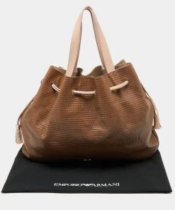 Emporio Armani Brown/Peach Embossed Leather Drawstring Tassel Shoulder Bag For Women -Emporio Armani sale luxury women emporio armani used handbags p635652 011