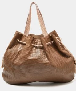 Emporio Armani Brown/Peach Embossed Leather Drawstring Tassel Shoulder Bag For Women -Emporio Armani sale luxury women emporio armani used handbags p635652 012