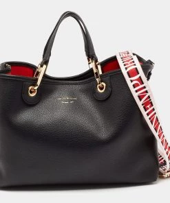 Emporio Armani Black Leather Medium MyEA Shopper Tote For Women