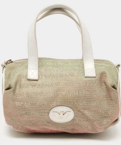 Emporio Armani Pearl White Iridescent Lurex Fabric And Leather Logo Boston Bag For Women