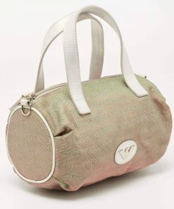 Emporio Armani Pearl White Iridescent Lurex Fabric And Leather Logo Boston Bag For Women -Emporio Armani sale luxury women emporio armani used handbags p642183 009