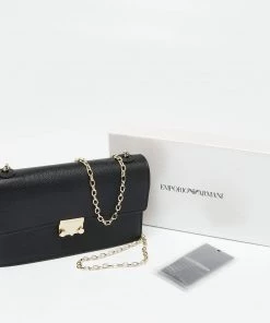 Emporio Armani Black Leather Push Lock Flap Chain Shoulder Bag For Women -Emporio Armani sale luxury women emporio armani used handbags p643497 008