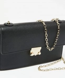 Emporio Armani Black Leather Push Lock Flap Chain Shoulder Bag For Women -Emporio Armani sale luxury women emporio armani used handbags p643497 009