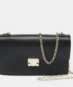 Emporio Armani Black Leather Push Lock Flap Chain Shoulder Bag For Women