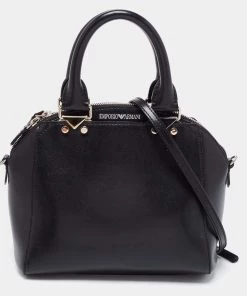 Emporio Armani Black Leather Logo Satchel For Women