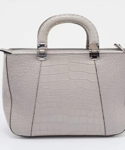 Emporio Armani Light Grey Croc Embossed Leather Satchel For Women -Emporio Armani sale luxury women emporio armani used handbags p669725 008