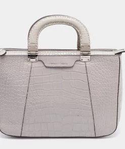Emporio Armani Light Grey Croc Embossed Leather Satchel For Women