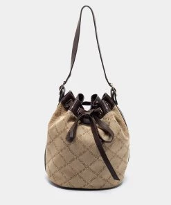 Emporio Armani Brown/Beige Signature Fabric And Leather Drawstring Bucket Bag For Women