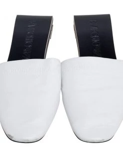Emporio Armani White Leather Embossed Logo Flat Mule Sandals Size 38 For Women -Emporio Armani sale luxury women emporio armani used shoes p580170 008