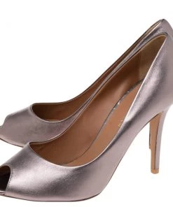 Emporio Armani Metallic Grey Leather Peep-Toe Pumps Size 38 For Women -Emporio Armani sale luxury women emporio armani used shoes p584252 007