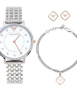 Emporio Armani White Stainless Steel Two-Hand AR80023 Wristwatch 32 Mm Set With Earrings And Bracelet For Women