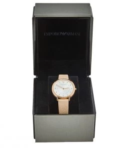 Emporio Armani Silver Rose Gold Plated Stainless Steel Leather AR2510 Women's Wristwatch 32 Mm For Women -Emporio Armani sale luxury women emporio armani used watches p597843 001