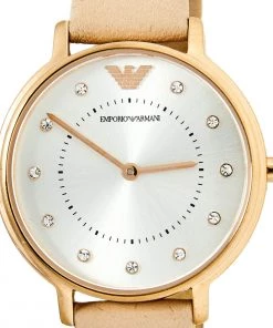Emporio Armani Silver Rose Gold Plated Stainless Steel Leather AR2510 Women's Wristwatch 32 Mm For Women -Emporio Armani sale luxury women emporio armani used watches p597843 007